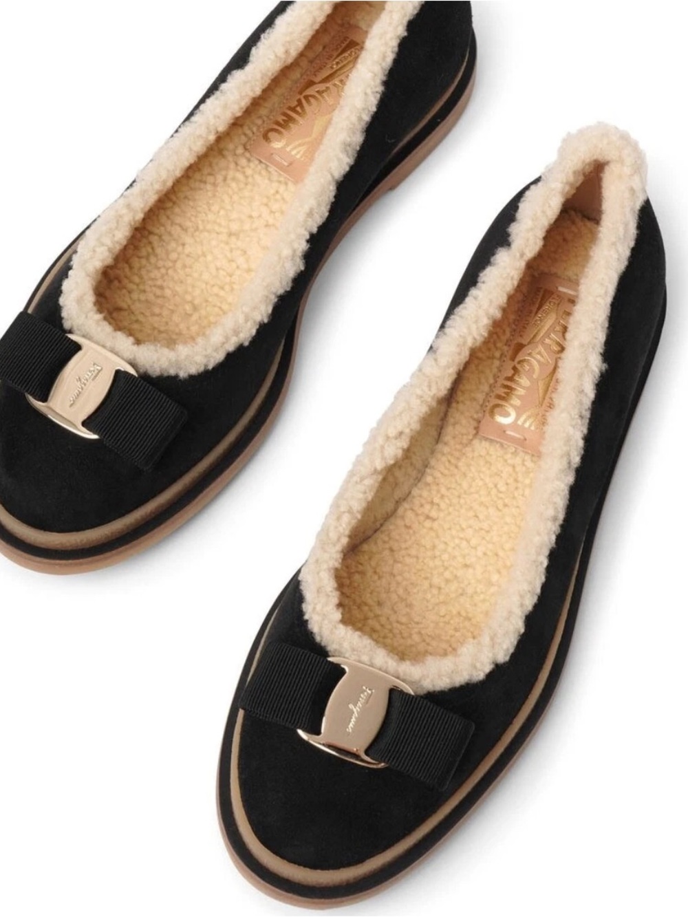 Salvatore FERRAGAMO Black Faux-Shearling Lined Ballet Flats with Bow